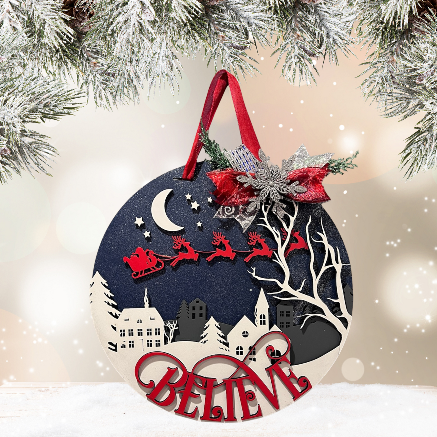 Santa & Reindeer Believe in the Magic of Christmas Door Hanger